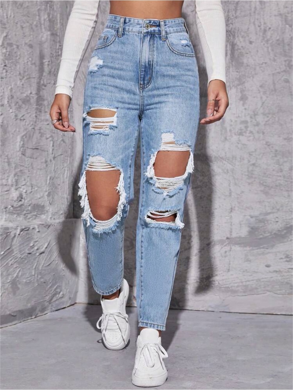 SHEIN High Waist Straight Leg Ripped Blue Denim Jeans